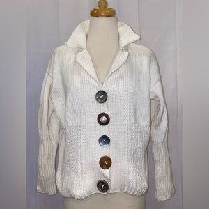 Pure Handknit 100% Cotton Chunky Knit White Artisan Cardigan Big Buttons L/XL
